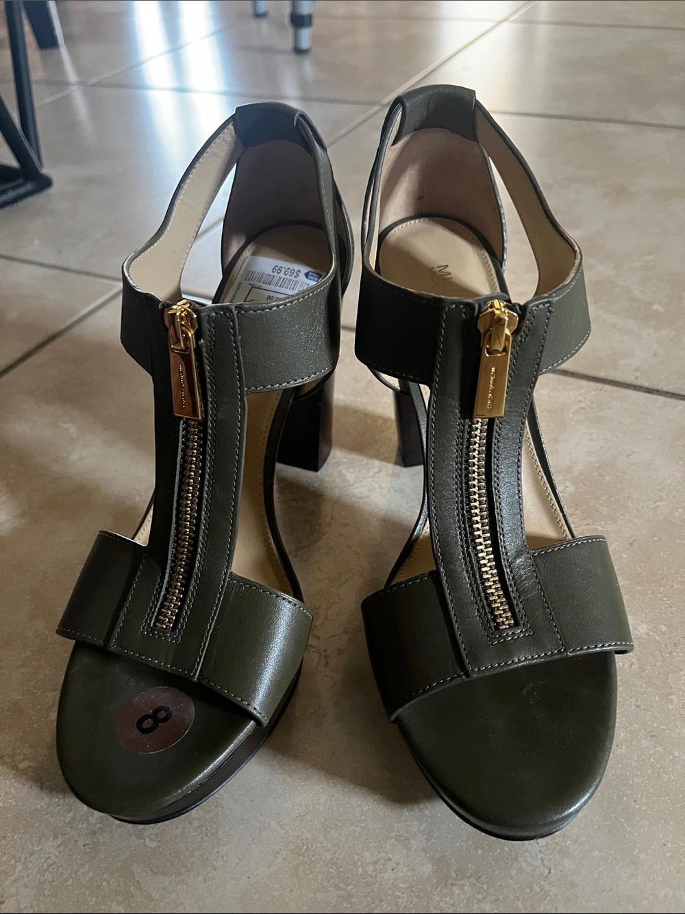 MICHAEL Michael Kors Olive Green Leather Zip-Front Sandal Heels